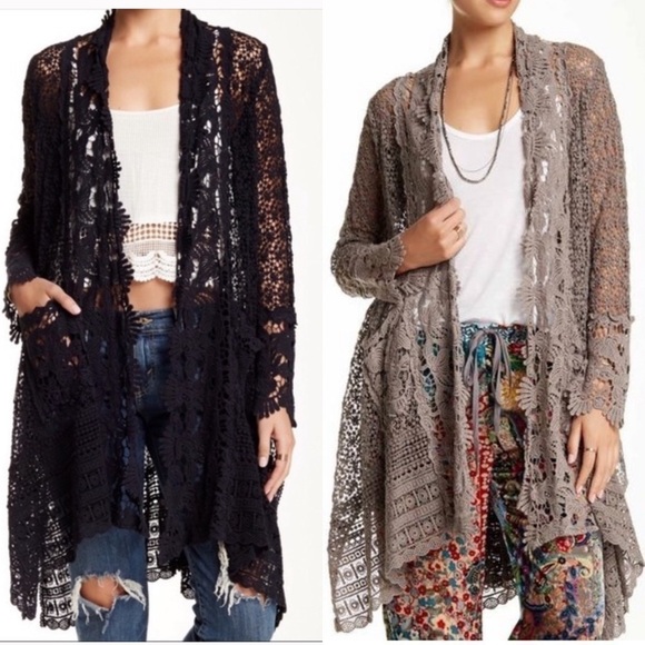Johnny Was Ecru Various Pattern Crochet Knit Open Front Long Cárdigan.P/…